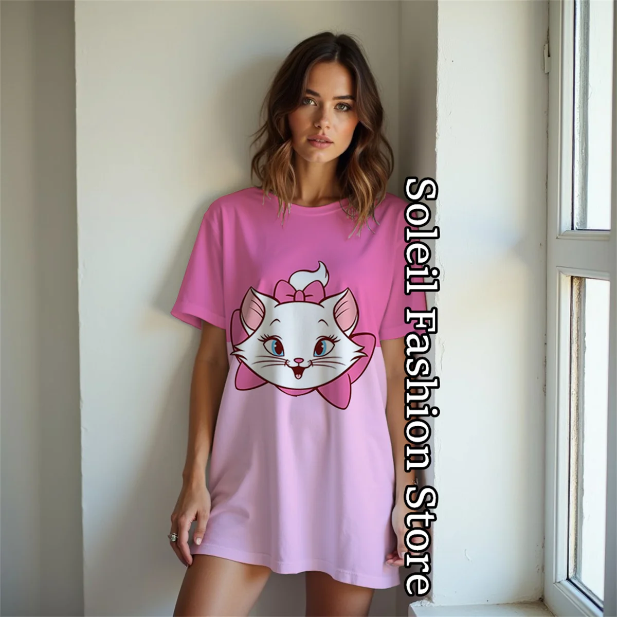 Disney Marie Cat Printed Dress Women Cartoon Short Sleeve O-Neck T-shirt Dress Fashion Cute Sleeping Skirt Daily Basic Dressing