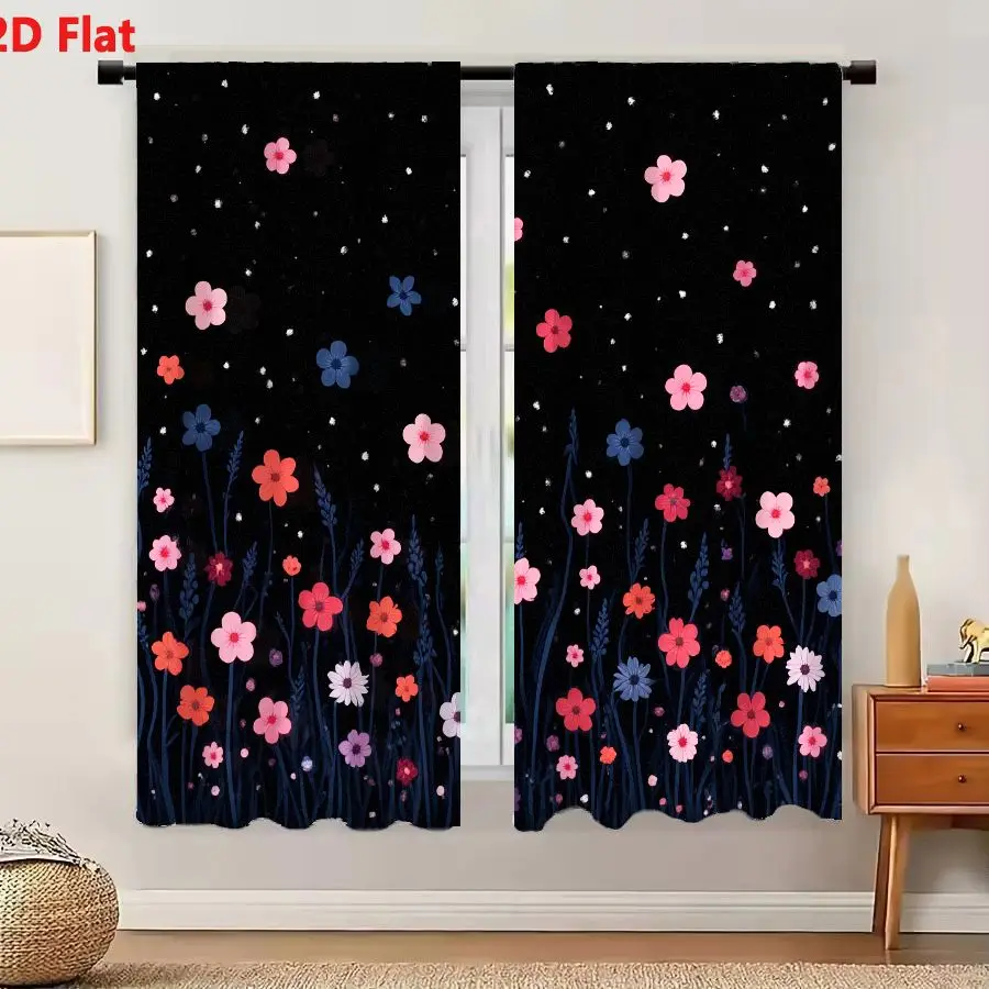 2Pcs Curtains 2D Flat Whimsical Night Sky With Dark Blue Grass Stalks And Colorful Wildflowers On Black Background Window Drapes