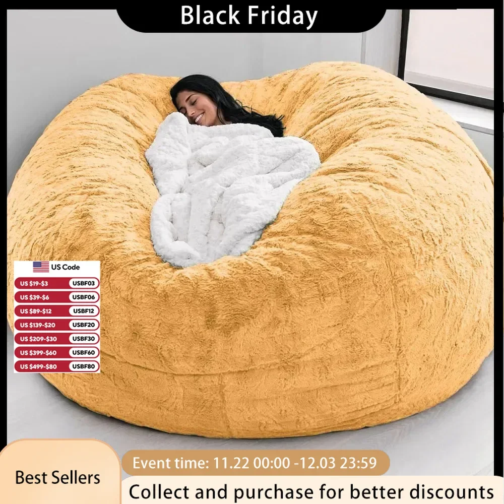 Chair Cover for Kids Adults, Living Room Furniture Big Round Soft Fluffy Faux Fur Beanbag Lazy (Cover only, No Filler)