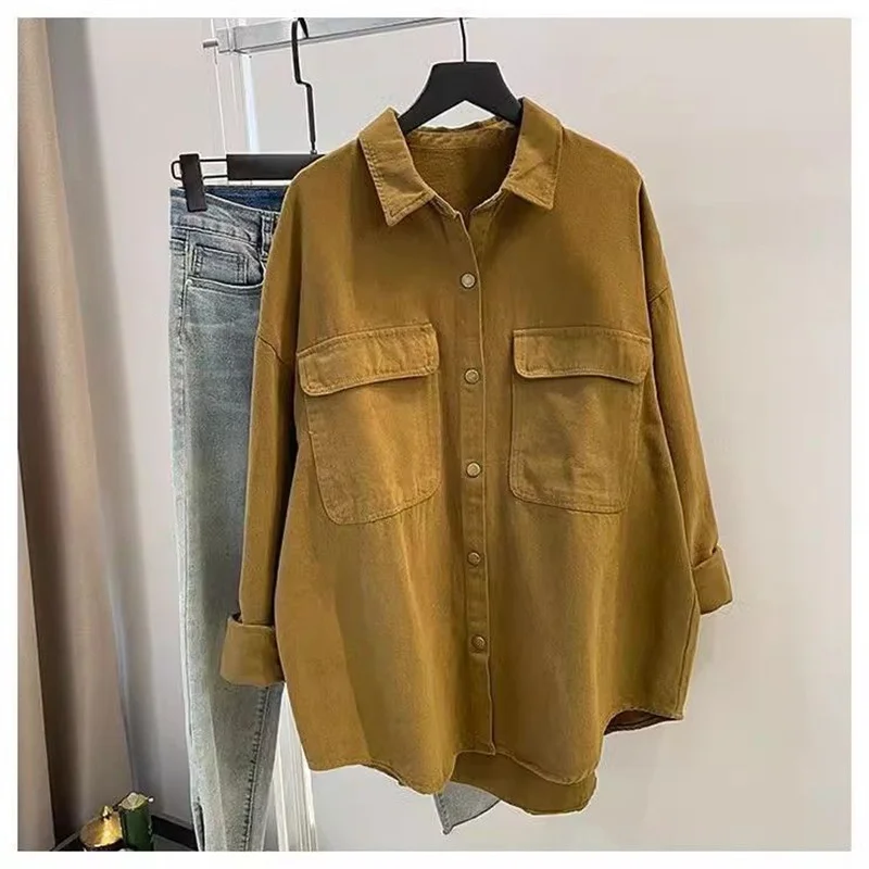 Spring 2024 Female Coffee Colored Shirt Jacket Women\'s New Korean Loose Medium Length Casual Versatile Long Sleeved Shirt Top