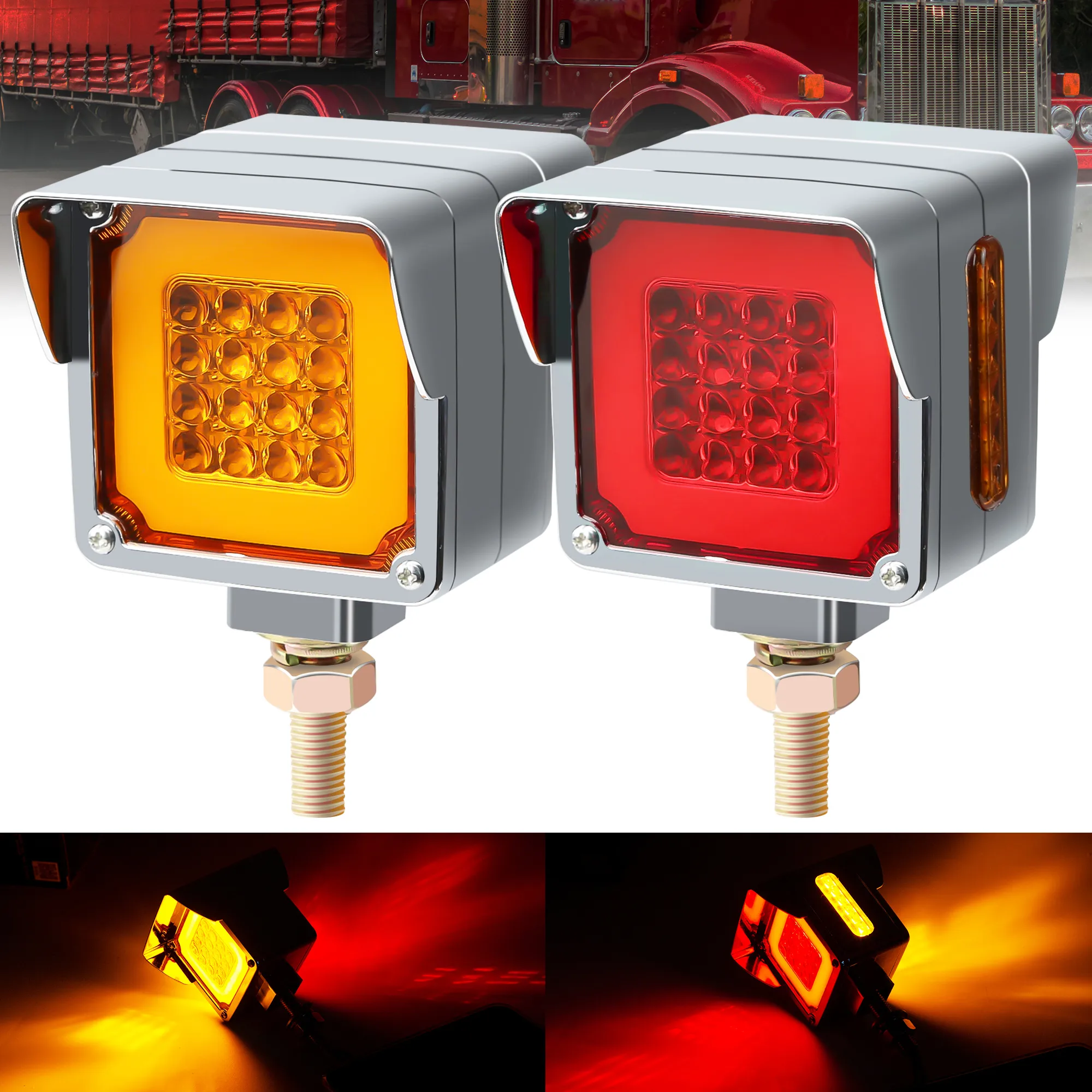 

2 шт., 12-24 В, янтарный/красный светильник для двойного лица на подставке, крыло с креплением на шпильке, квадратный 39 светодиодный стоп-сигнал, поворот, задний фонарь для прицепа