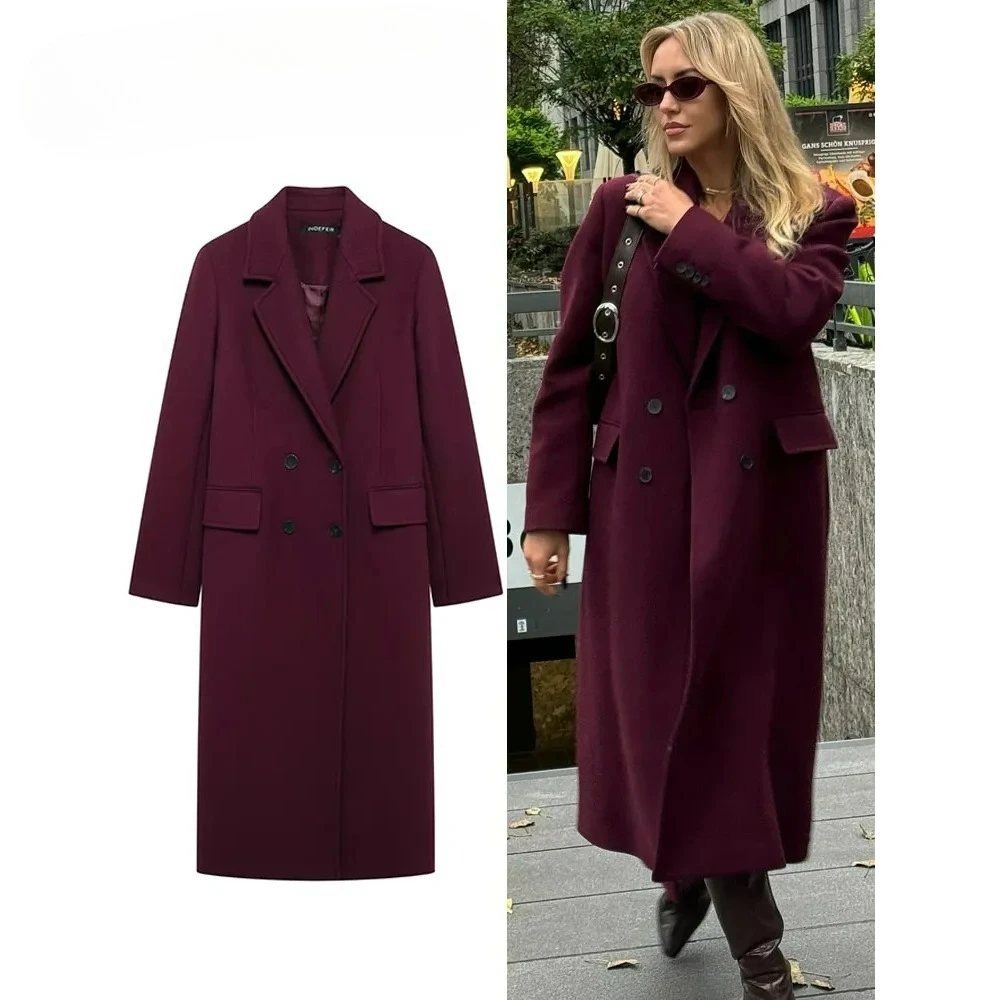 

Fashionable Burgundy Wool Coat for Women Long Sleeve Double Buttoned Flap Blend Jacket Outdoor Street Clothing for Autumn Winter