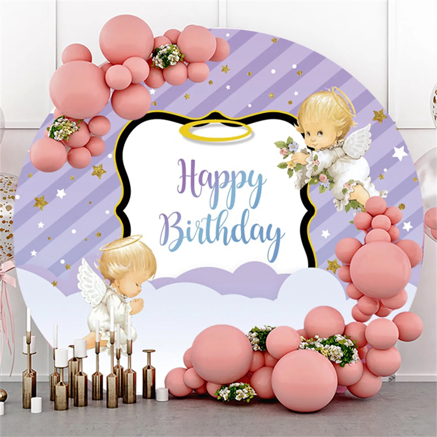 

Laeacco Happy Birthday Round Photography Backdrops Baby Shower Family Shoot Photography Background Newborn Art Photo Studio Prop