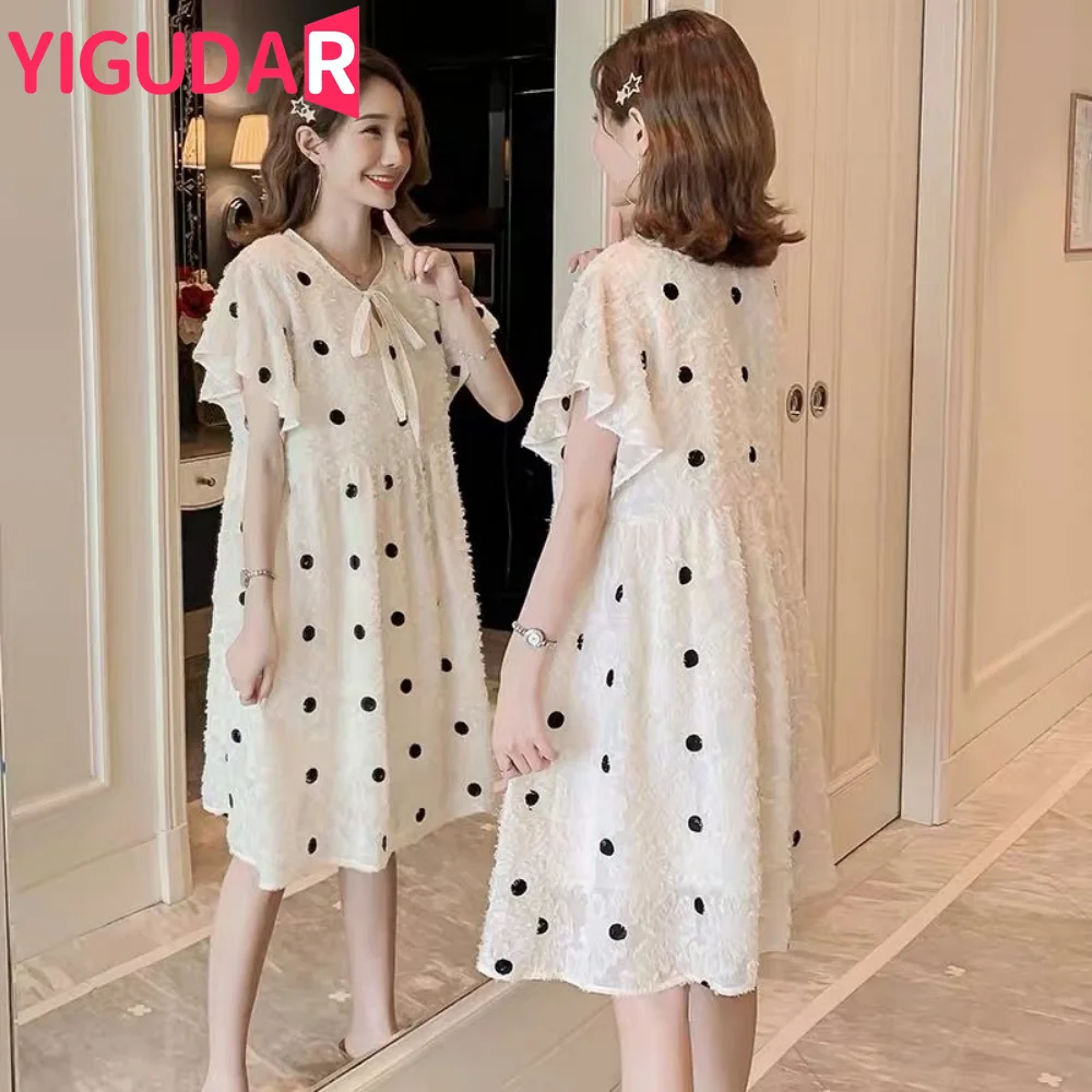 maternity dress New Polka Dot Print Dress Matching Short Sleeve A-Line Dress With Sash Clothes pregnancy photoshoot dress