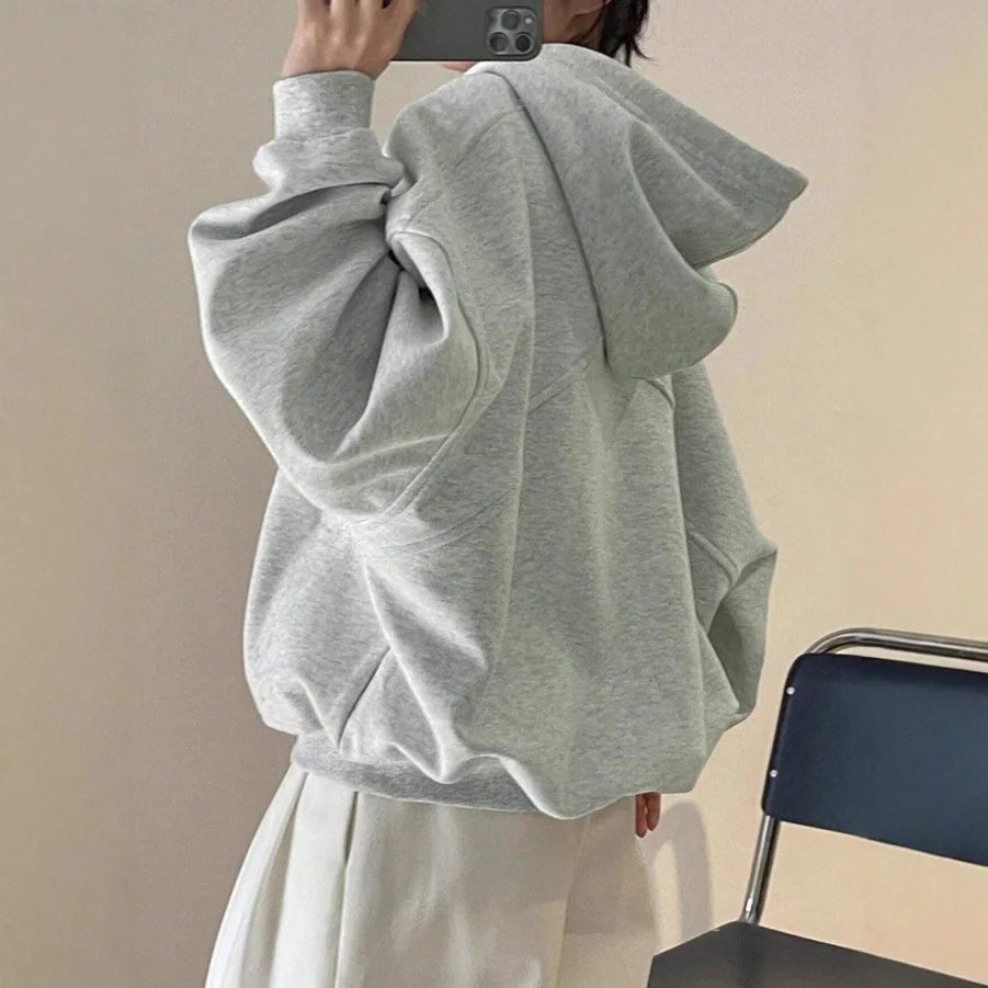 سترة صوفية فضفاضة للفتيات على طراز كسول للخريف والشتاء، سترة رياضية أمريكية وترفيهية بغطاء للرأس بطبقة هوائية للنساء