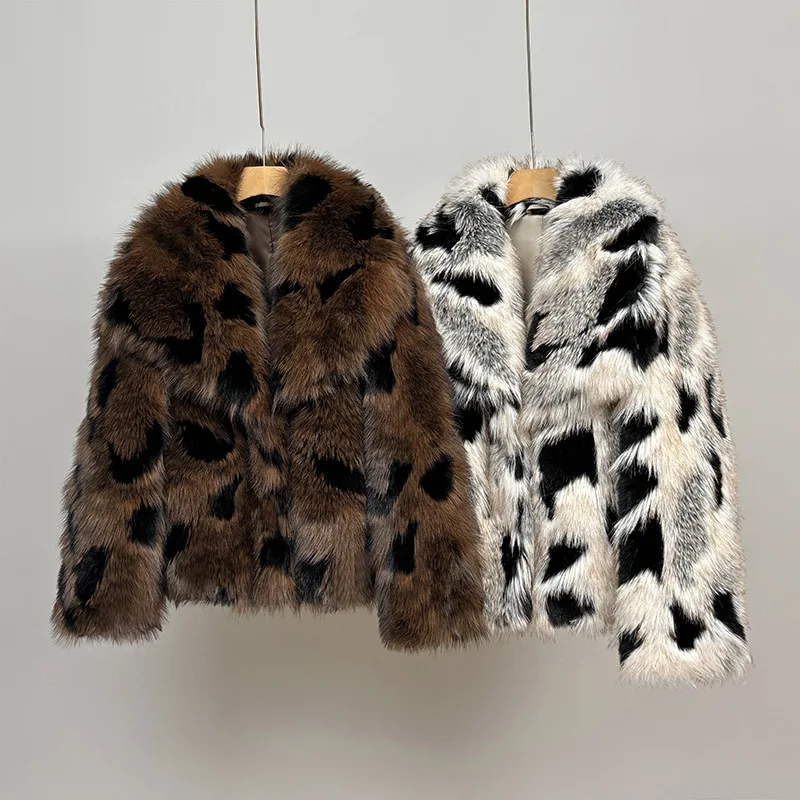 Fashion Gradient Animal Color Faux Fur Coat Plush Jacket Women Winter Loose Oversized Medium Length Fluffy Overcoat Outerwear