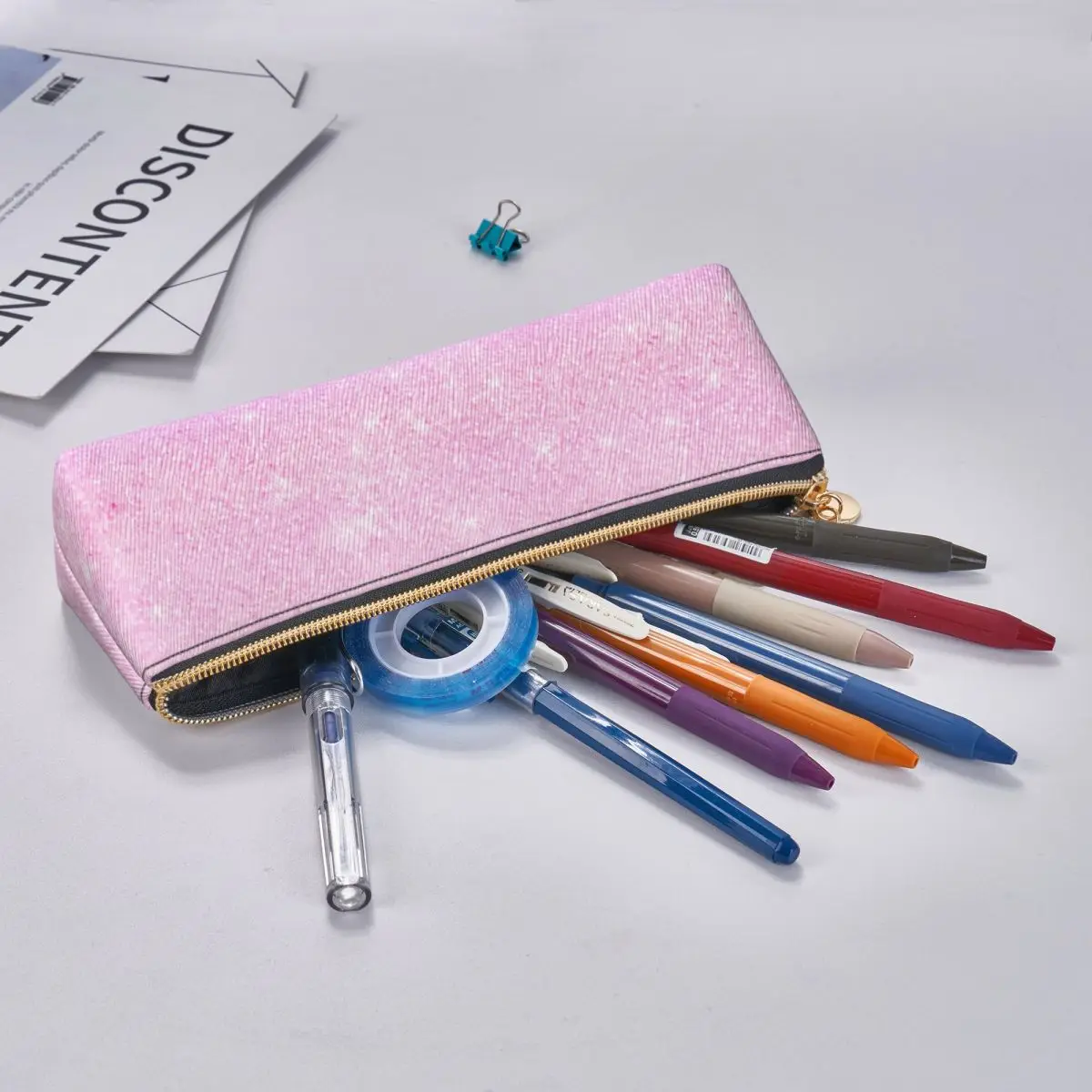 Elegante astuccio in pelle blu rosa Ombre con stampa glitter arcobaleno, astuccio per matite con cerniera fresca, astuccio per penne triangolare per