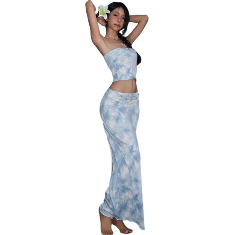 2025 Summer Cross-border New Sexy Slim-fitting Open-button Tube Top High-waisted Temperament Dress Set