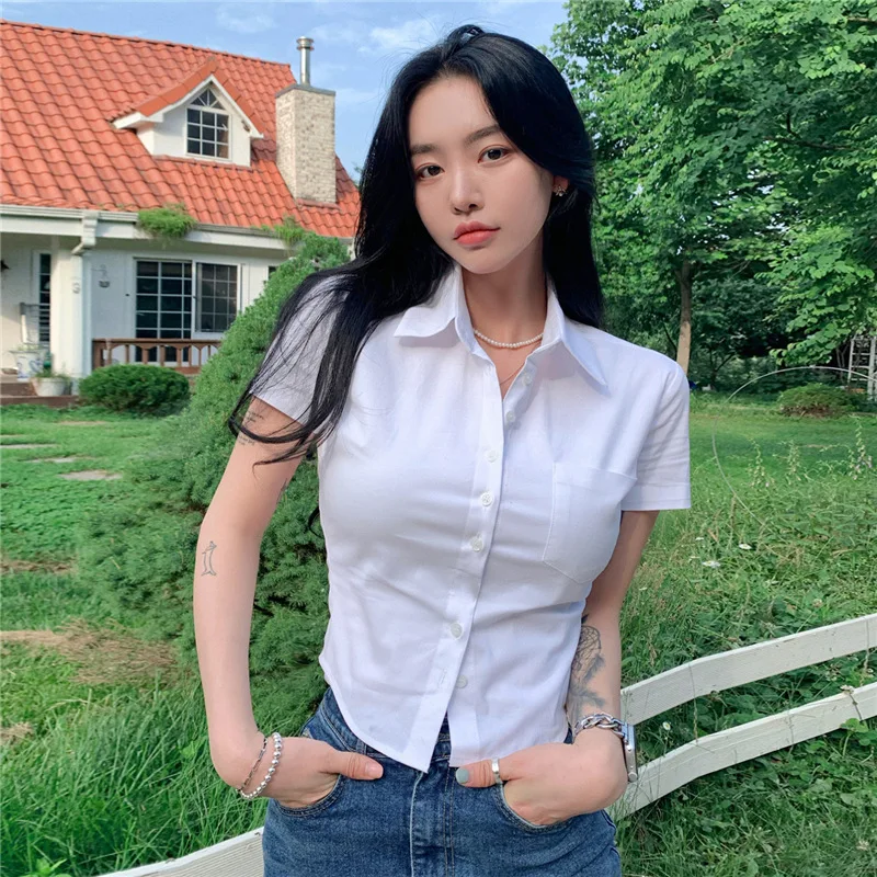 

Women White Blouse Basic Short Sleeve Crop Shirts Korean Fashion Preppy Style Work Wear Sexy Office Look Summer Tops