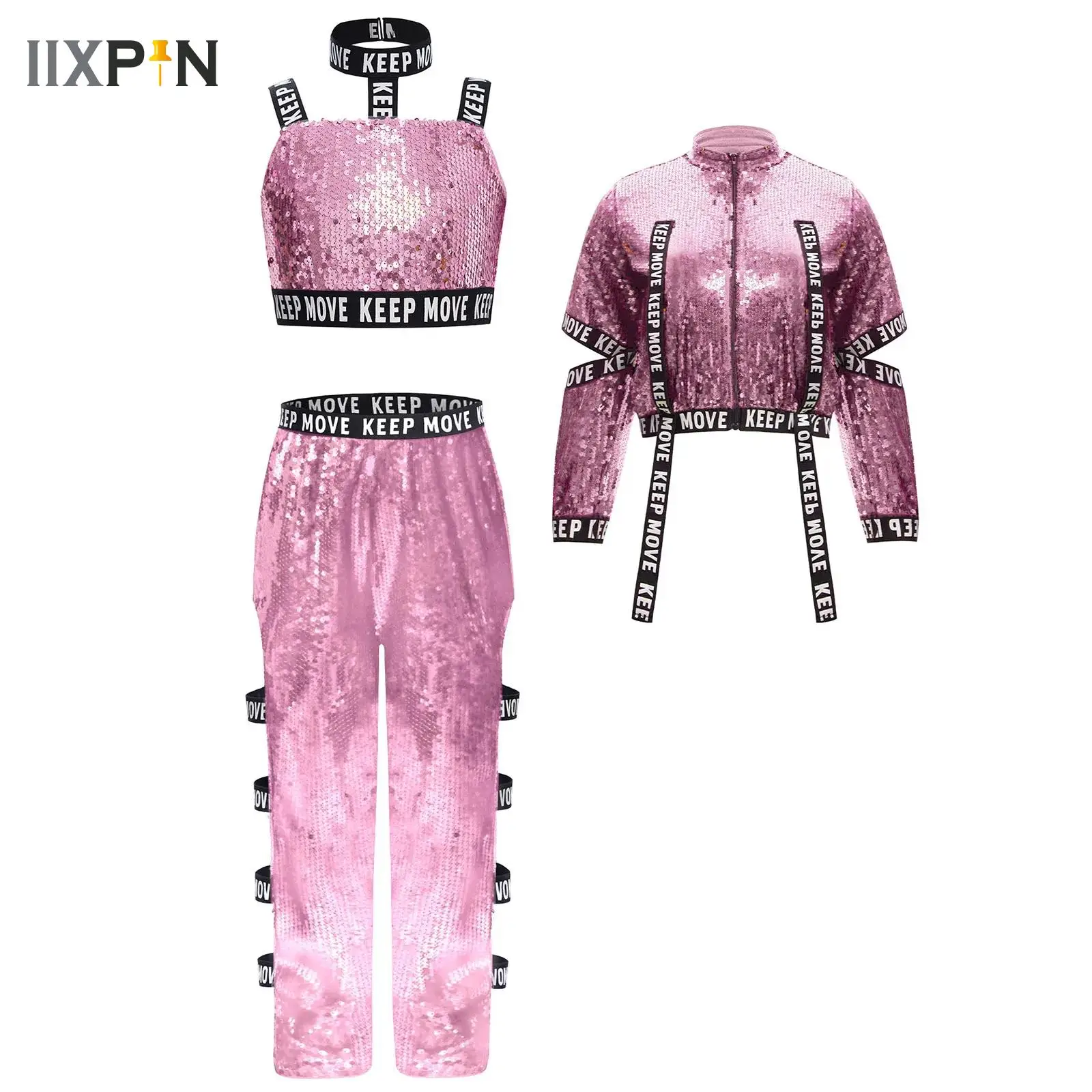 

Kids Jazz Dance Clothes Set Boys Girls Hip Hop Sequin Vest Tops+Jacket+Pants Runways Show Outfit Cool Street Dance Stage Costume
