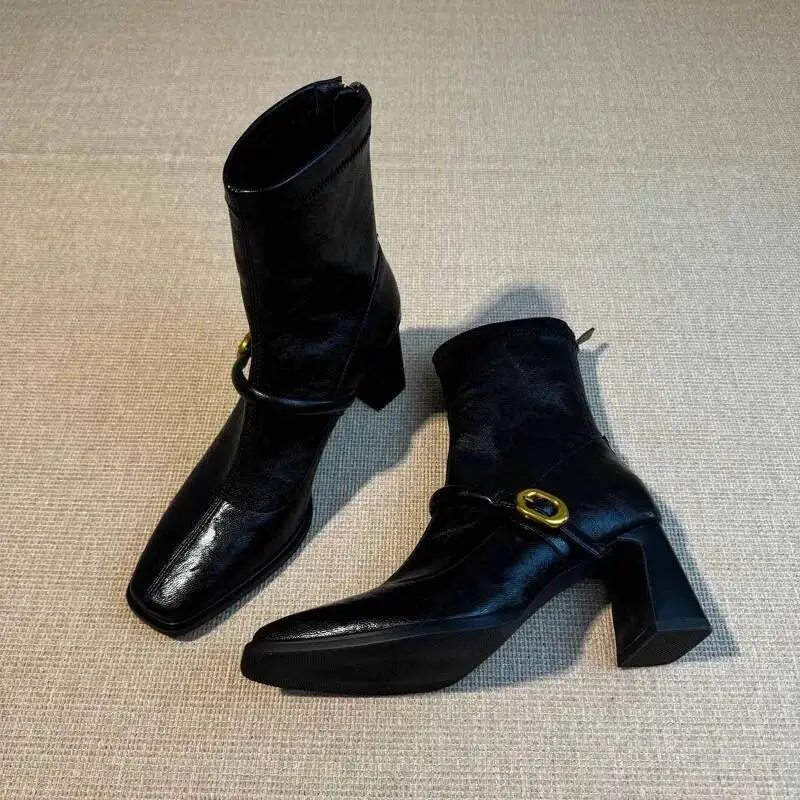 

High Heels Women Ankle Boots Elegant Square Toe Chunky Winter Shoes Designer New Trend Party Brand Boots Dress Woman Pumps