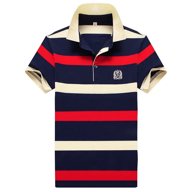 Men Casual Navy Red Cream Striped Polo Shirt Short Sleeve Contrast Collar Emblem Badge Daily Wear Tops Camiseta Masculina
