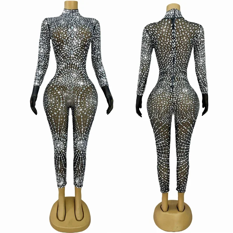 Luxury Full Rhinestones Jumpsuit Women Elegant Long Sleeve Sequins Sparkling Slim Fit Jazz Dance Costume Stage Performance Gown