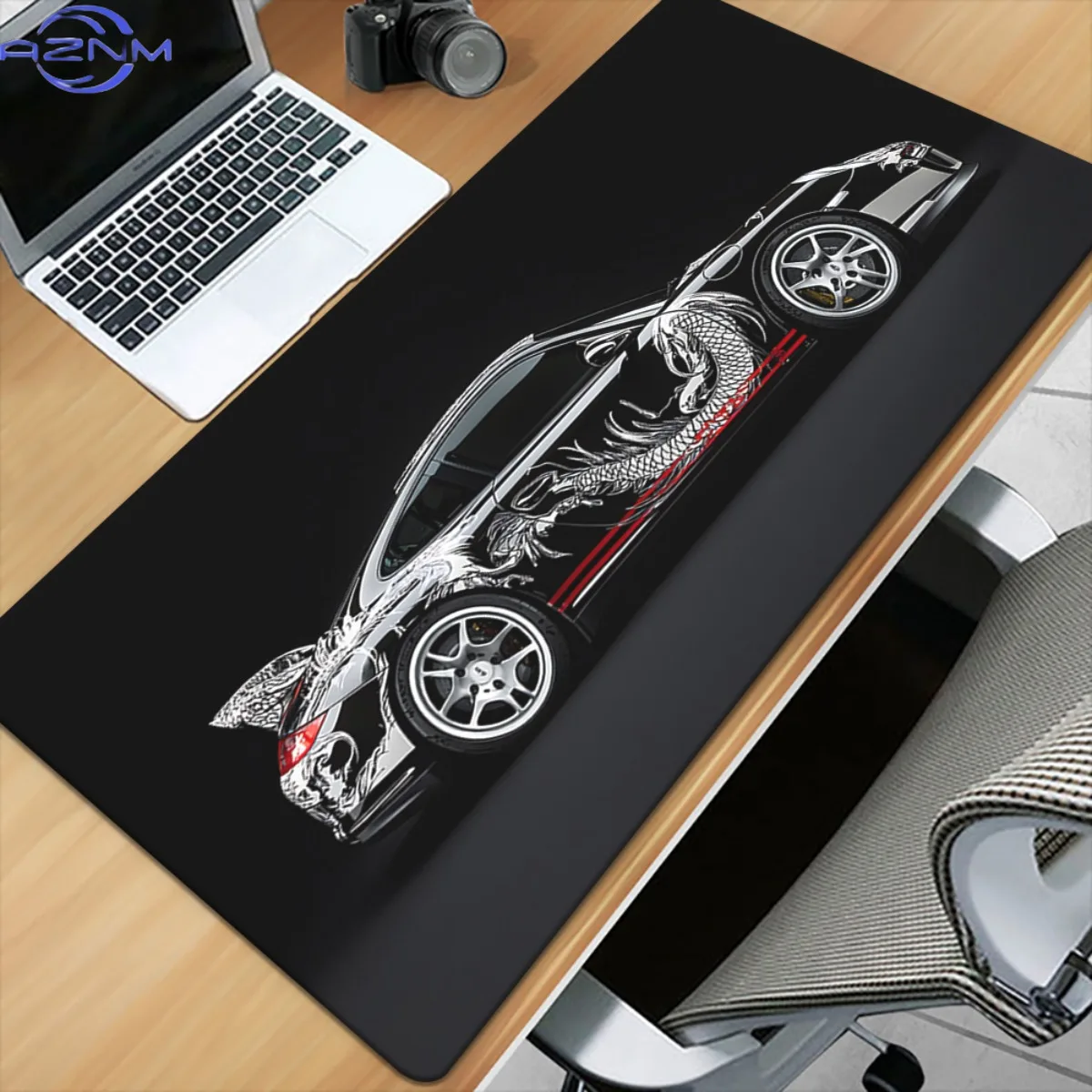 One Piece of Ukiyoe Design Featuring a Black Sports Car, This Multifunctional XXL Mousepad Serves As a Desk Mat for Gaming And O