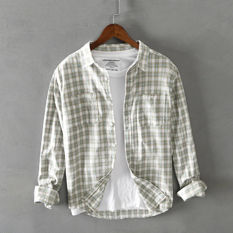 

Spring Autumn New Men Shirts Casual Plaid Long Sleeve Cotton Shirt Thick Retro Multi-pocket Blue Workwear GA-G208