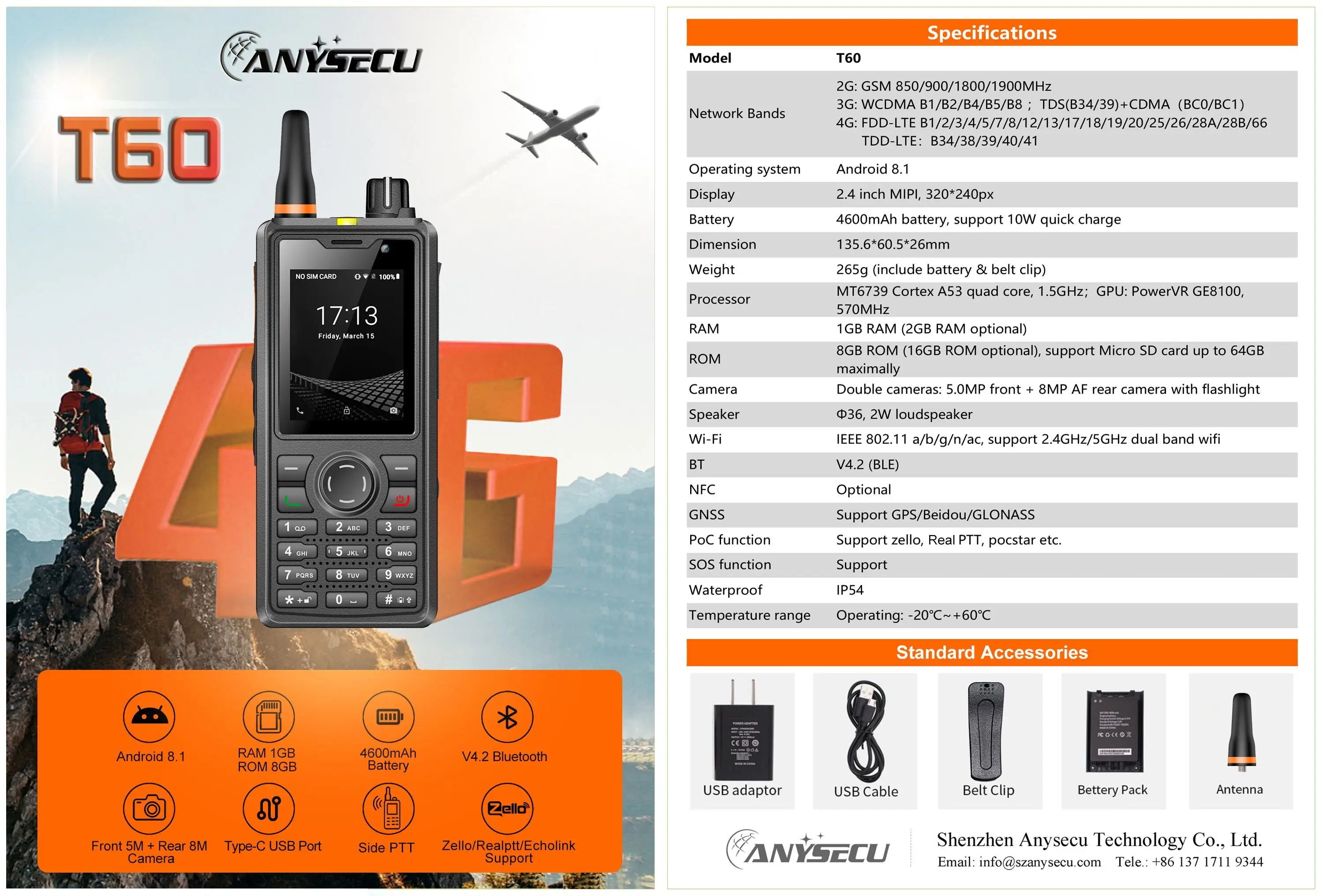 Anysecu 4G POC T60 radio Android8.1 system with Realptt Zello T60 4600mAh 2.4inch handheld radio 1GB+8GB walkie talkie