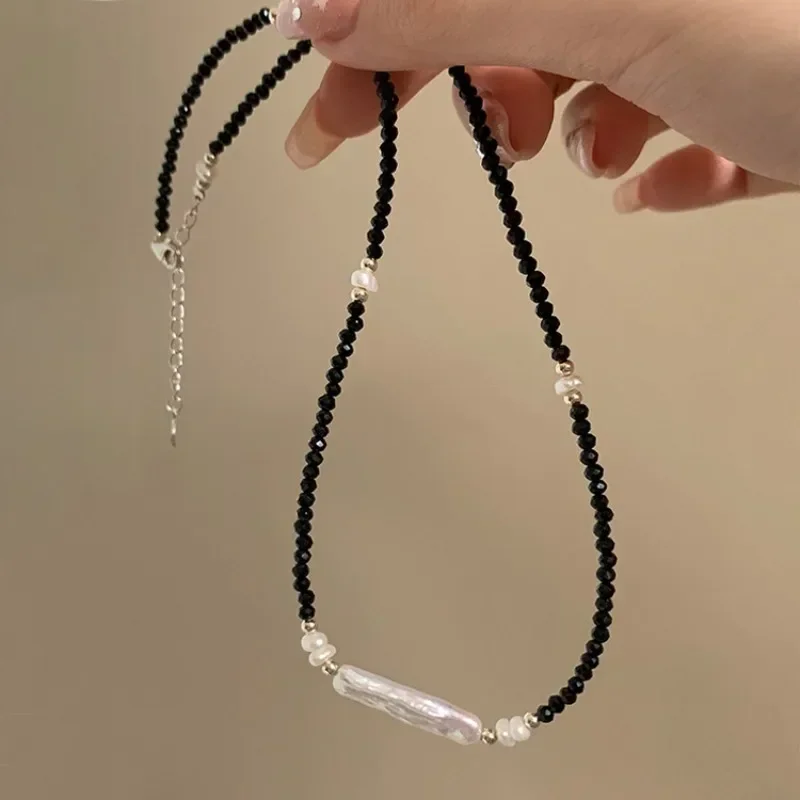 

Exquisite Irregular Faux Pearl Black Crystal Natural Stone Strand Beaded Chokers Necklaces for Women Every Day Pendientes