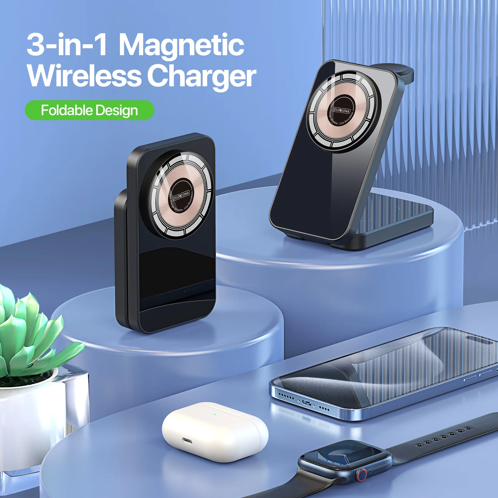 It is suitable for apple three-in-one folding magnetic transparent vertical 15W bracket wireless fast charge cross-border