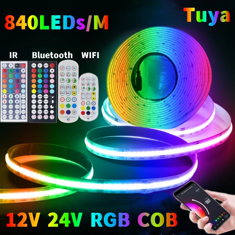 Tira de luces LED COB RGB de 10M, 12V, 24V, Flexible, lineal FOB de 10MM con WIFI remoto, Bluetooth, barra de lámpara de cinta LED regulable RA90