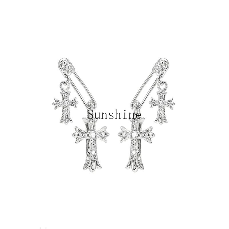 Cross Pin Diamond Earrings Women's Personality Niche Design Temperament Earrings