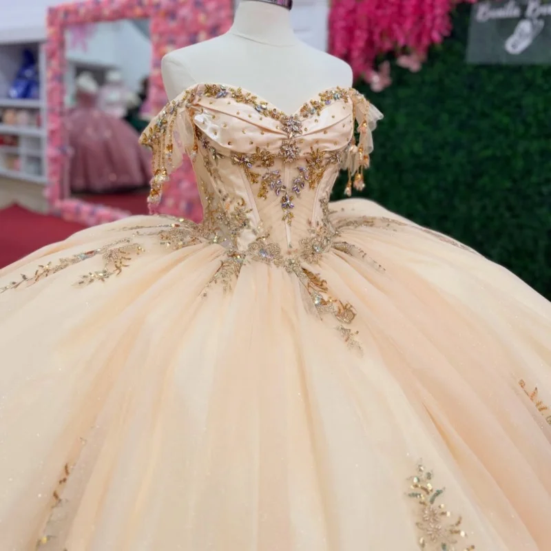 

Light Champagne Quinceanera Dress off-shoulder Glitter Flower Crystal Decal Long tail vestidos de 15 Quinceanera ﻿Customize
