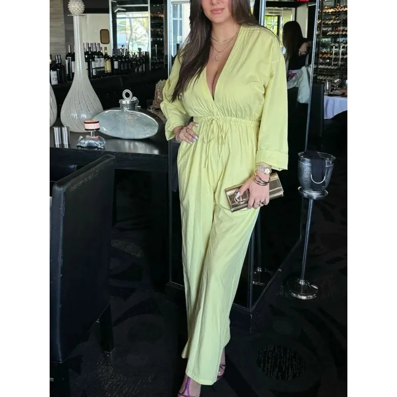 

Women's V-Neck Long-Sleeved Jumpsuit Solid Color Waist Commuter Fashion Lazy Style Summer New Style Versatile Jumpsuit for Mujer