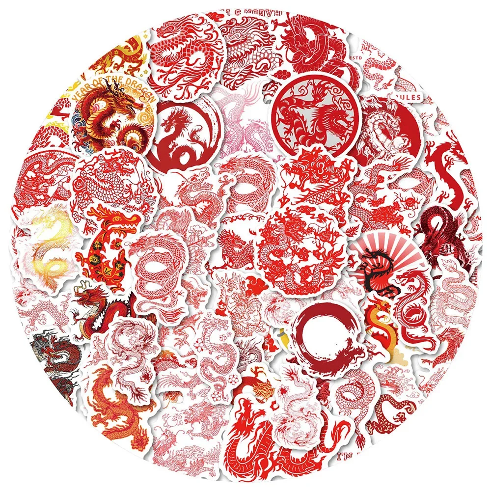 50PCS Chinese Dragon Cartoon Stickers Paper Cutting Zodiac Animal Phone Diy Shell Water Cup Waterproof Decorative Sticker Toys