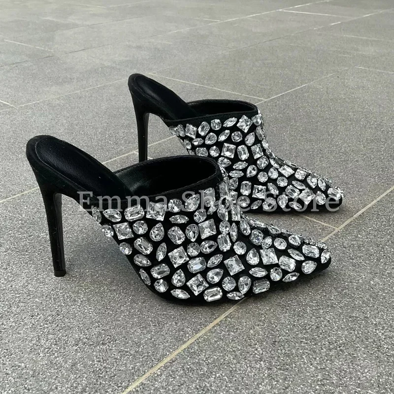 Элегантные черные сабо со стразами, украшенные стразами, туфли-лодочки на высоком каблуке-шпильке с острым носком, вечерние тапочки без шнуровки, вечерние женские туфли с кристаллами