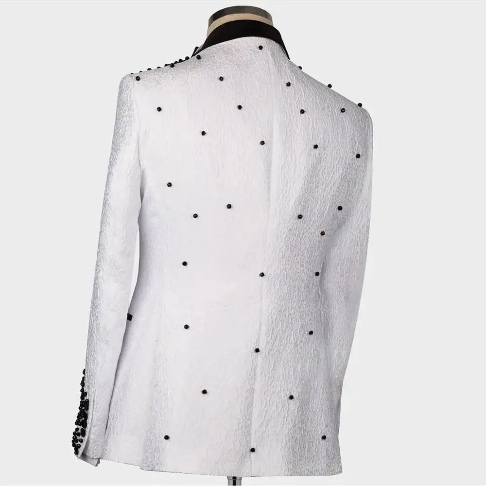 사용자 정의 럭셔리 피크 보석 옷깃 정장 결혼식을위한 남자 블랙 신랑 턱시도 싱글 브레스트 자켓 바지 2 조각 남자