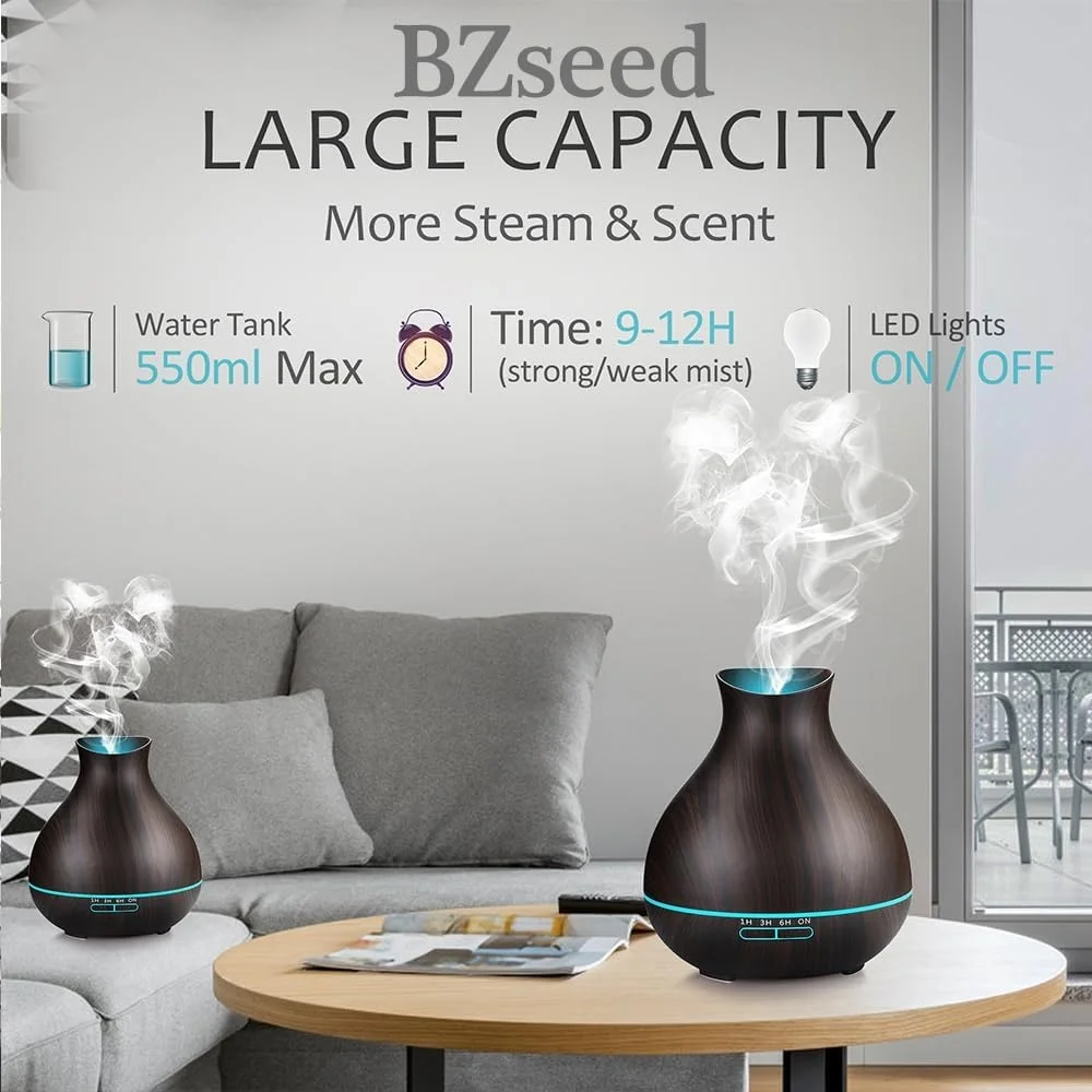 موزع روائح الزيوت العطرية العلاجية 550 مل مرطبات إيقاف تلقائي رذاذ بارد 7 ألوان LED إعداد مؤقت غرفة كبيرة للمنزل