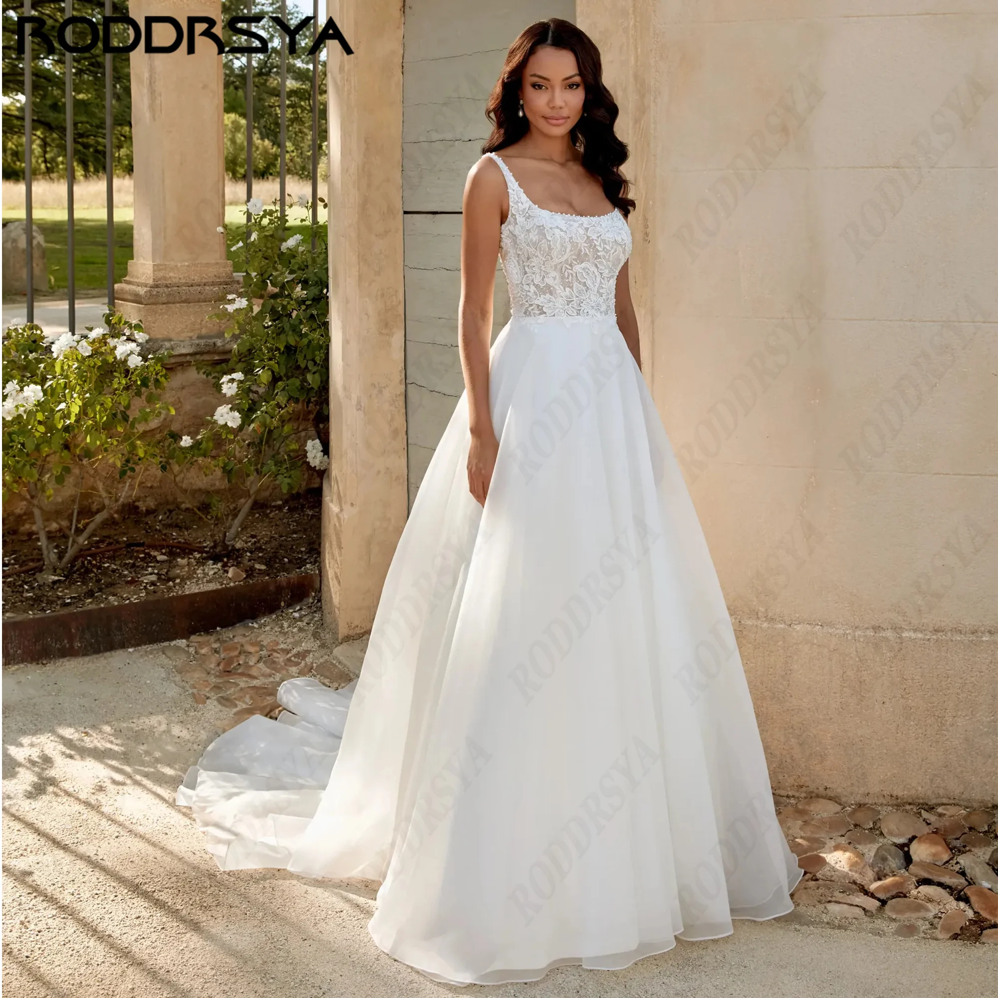 RODDRSYA Customized Beaded Square Neck Organza Wedding Dress Spaghetti Strap Lace Appliques Elegant A-Line Honeymoon Bridal Gown