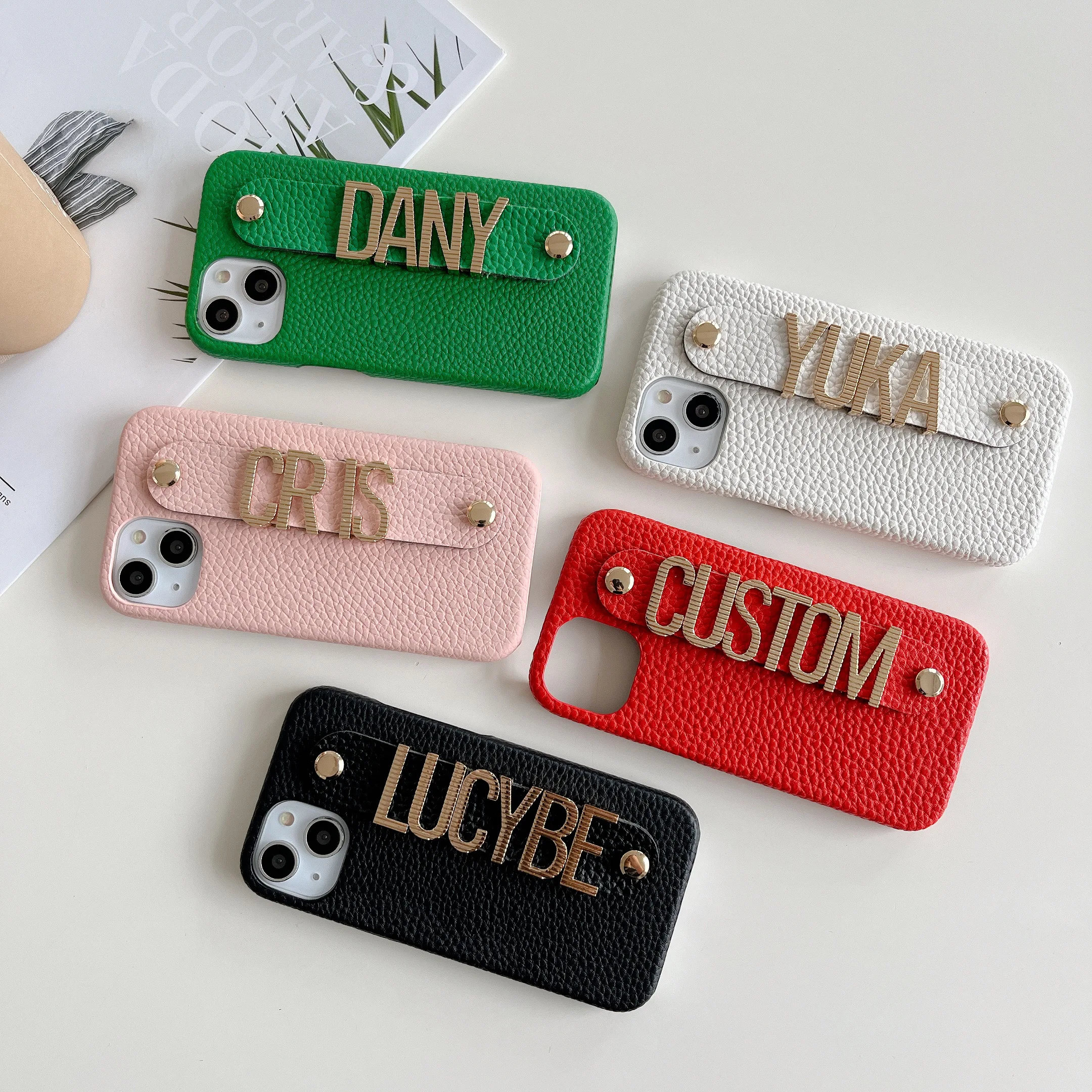 Handmade Personalized Pebble Leather Wristband Phone Case Custom Name Striped Letters iPhone15 14ProMax 14Plus 13ProMax