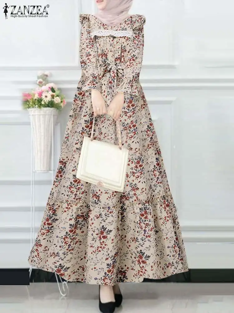 ZANZEA Women Long Sleeve Vintage Floral Printed Muslim Dress Casual Ruffles Maxi Sundress Robe Femme Dubai Abaya Hijab Vestido