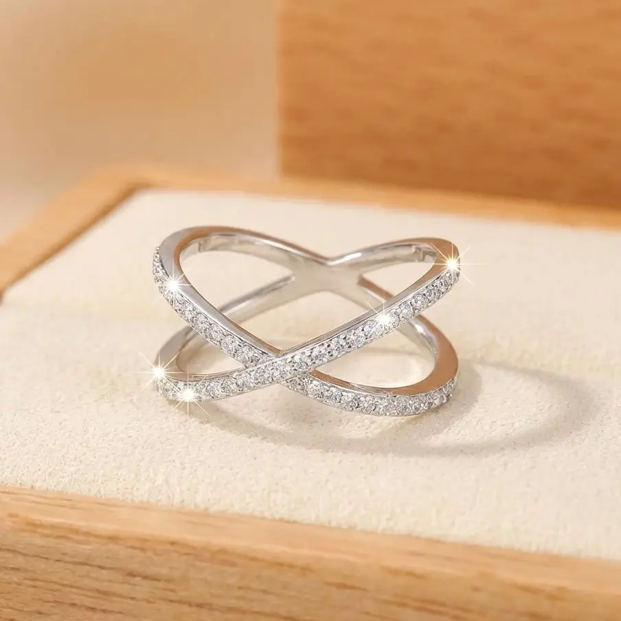 

Luxury Cubic Zirconia Geometric Rings For Women Cross X Shape Copper Paved CZ Finger Ring Wedding Party Daily Versatile Jewelry