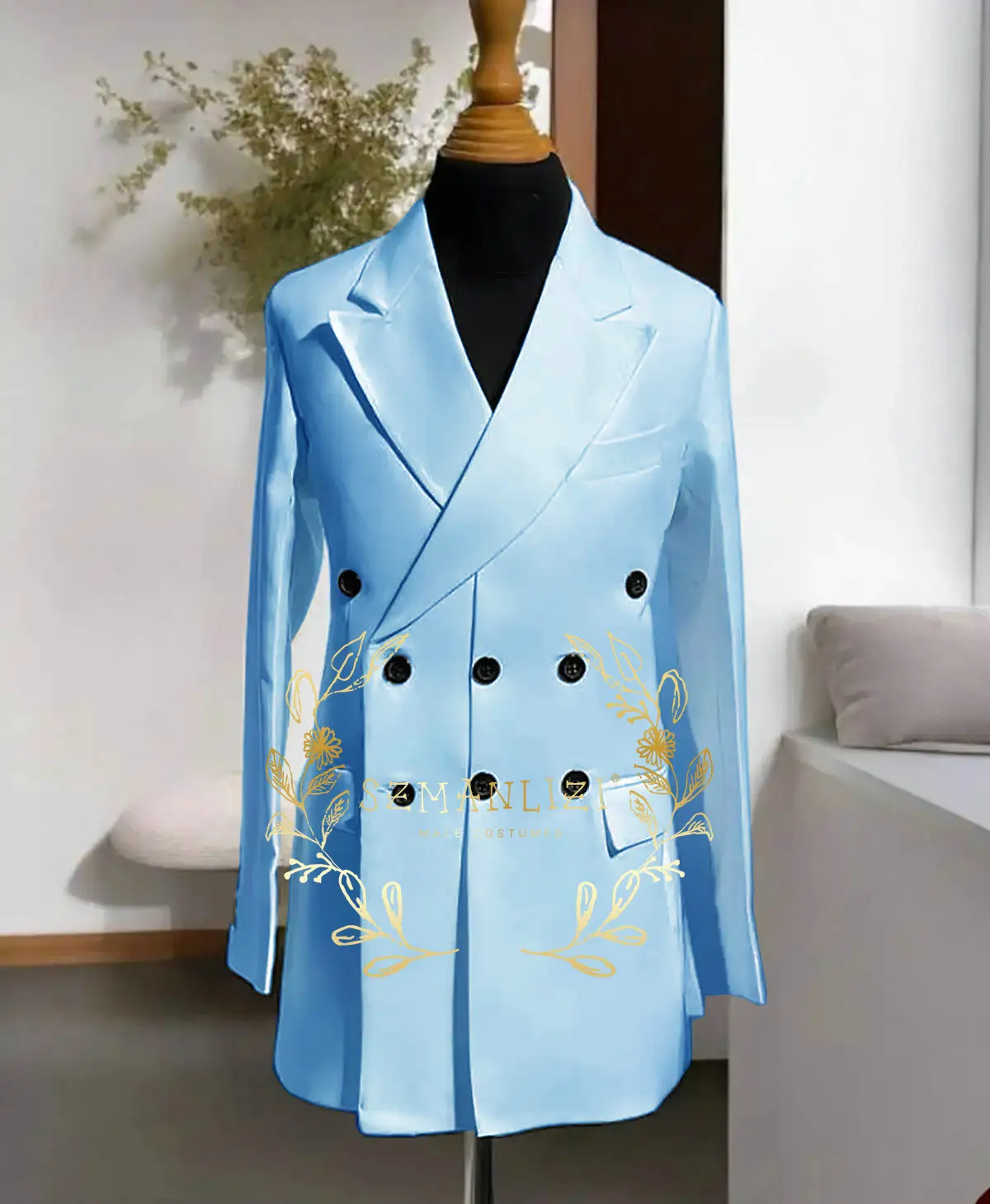 Fashion Double Breasted Men Long Jacket Peaked Lapel Three-Button Blazer Business Party Prom Custom Made Only Coat