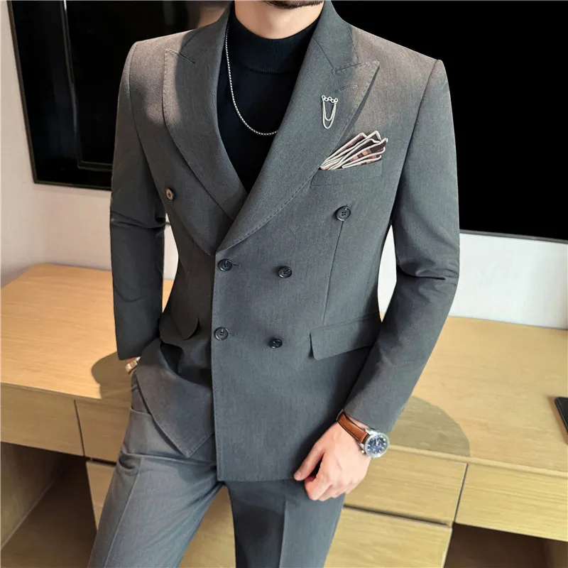 

(Jacket + Pants) Fashion Double Breasted Design Slim Men's Suit Italian Style Luxury Wedding Social Party Tuxedo 2 Piece Sets