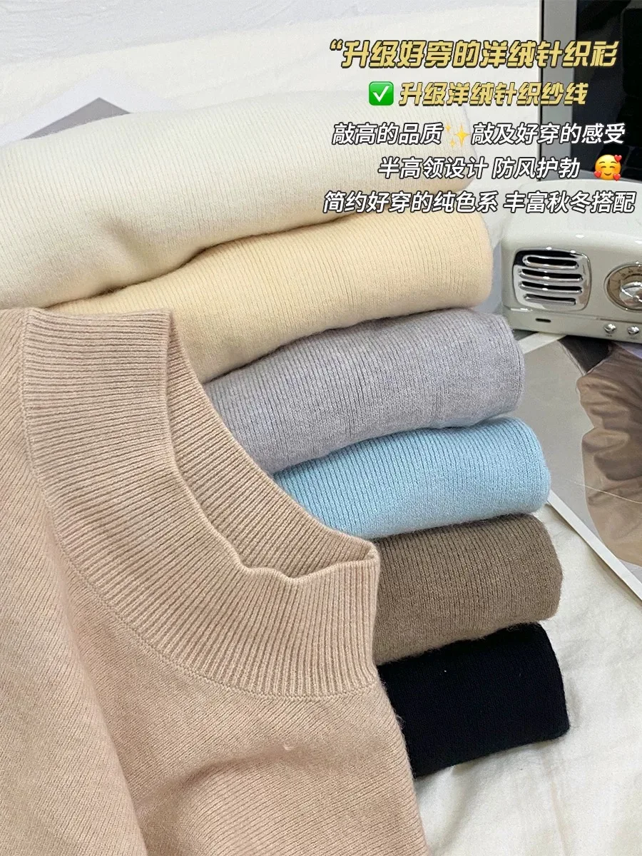Suéter feminino de malha macia com gola alta, slim fit, manga comprida, camada base, estilo preguiçoso, outono inverno, camisa casual de gola alta