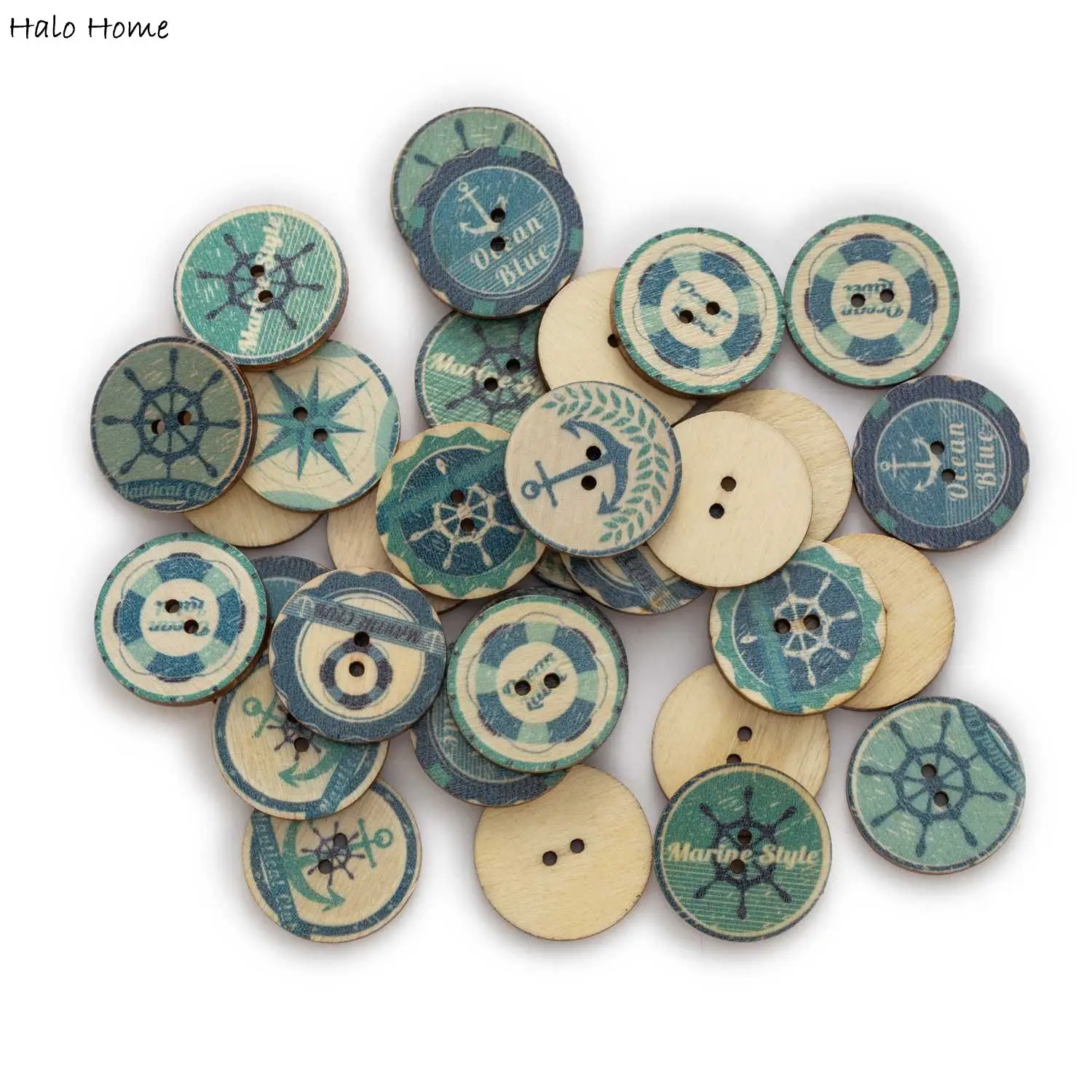 50pcs 2 Colors Round Ship Anchor Printing Wooden Button Handwork Sewing Scrapbooking Clothing Crafts Accessories 15-25mm