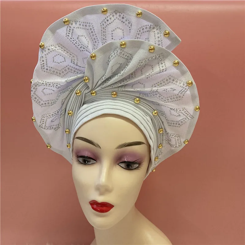 

High Quality African Nigeria Gele Elegant Helmet With Stones Headband Turban Head Scarf Head-Hat Auto Gele Brand New Hats 2368