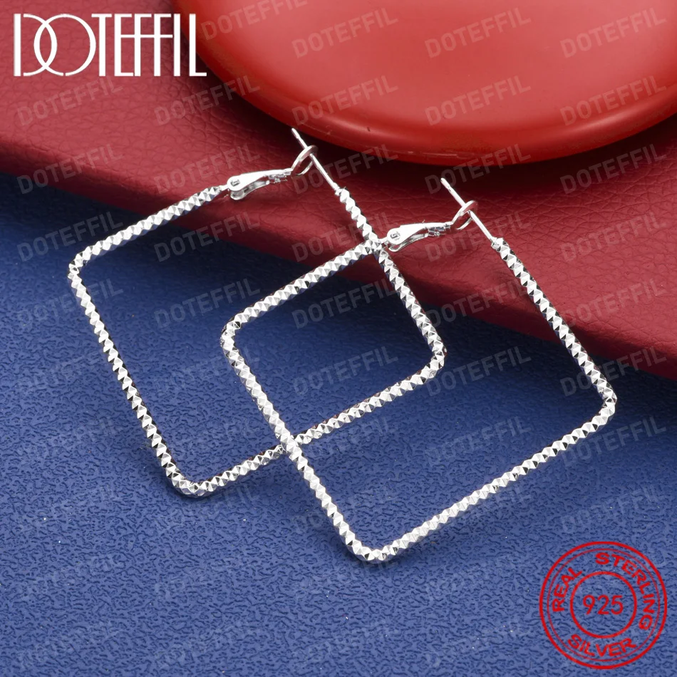 925 Sterling Silver 50mm Sparkling Square Earrings for Women, Fashionable Wedding Jewelry, Party Accessories