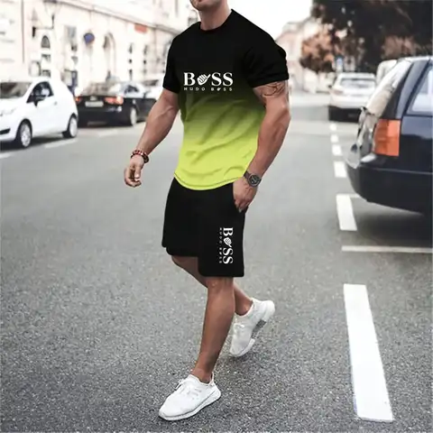 Nyheter Sommar Boss 3D Graphic Herr 2-delade set Casual Rund hals Kortärmade T-shirts Shorts Streetwear 10 best sales chefs träningsoverall - №1