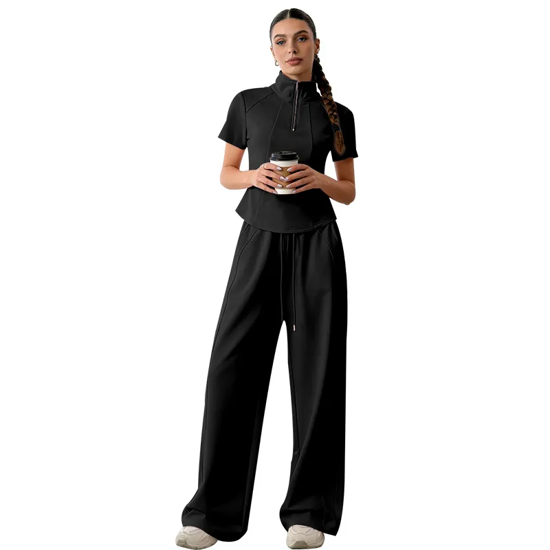 Customized LOGO women's 2026 European and American summer new short-sleeved lapel fashion casual trousers two-piece set