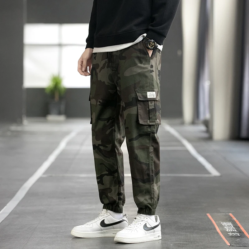 Pantalones bombachos de camuflaje geométricos para hombre, ropa informal elástica de cintura alta con bolsillos, pantalones Cargo Harem de Color de contraste, primavera y otoño