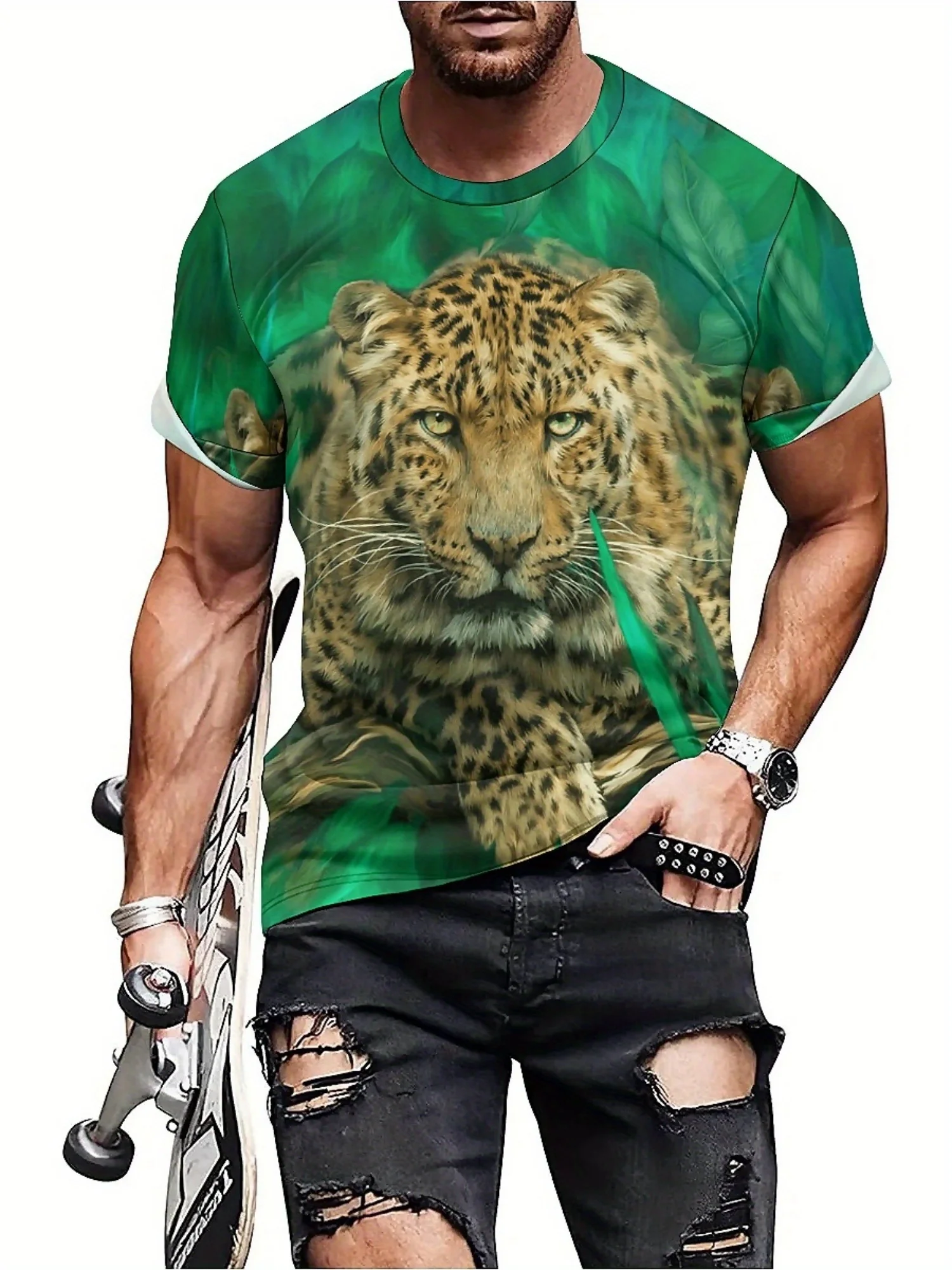 Men'S 3D Print Leopard & Tiger Design T-Shirt - Vibrant Green Jungle Animal Pattern, Short Sleeve, Polyester, Casual Summer Tee