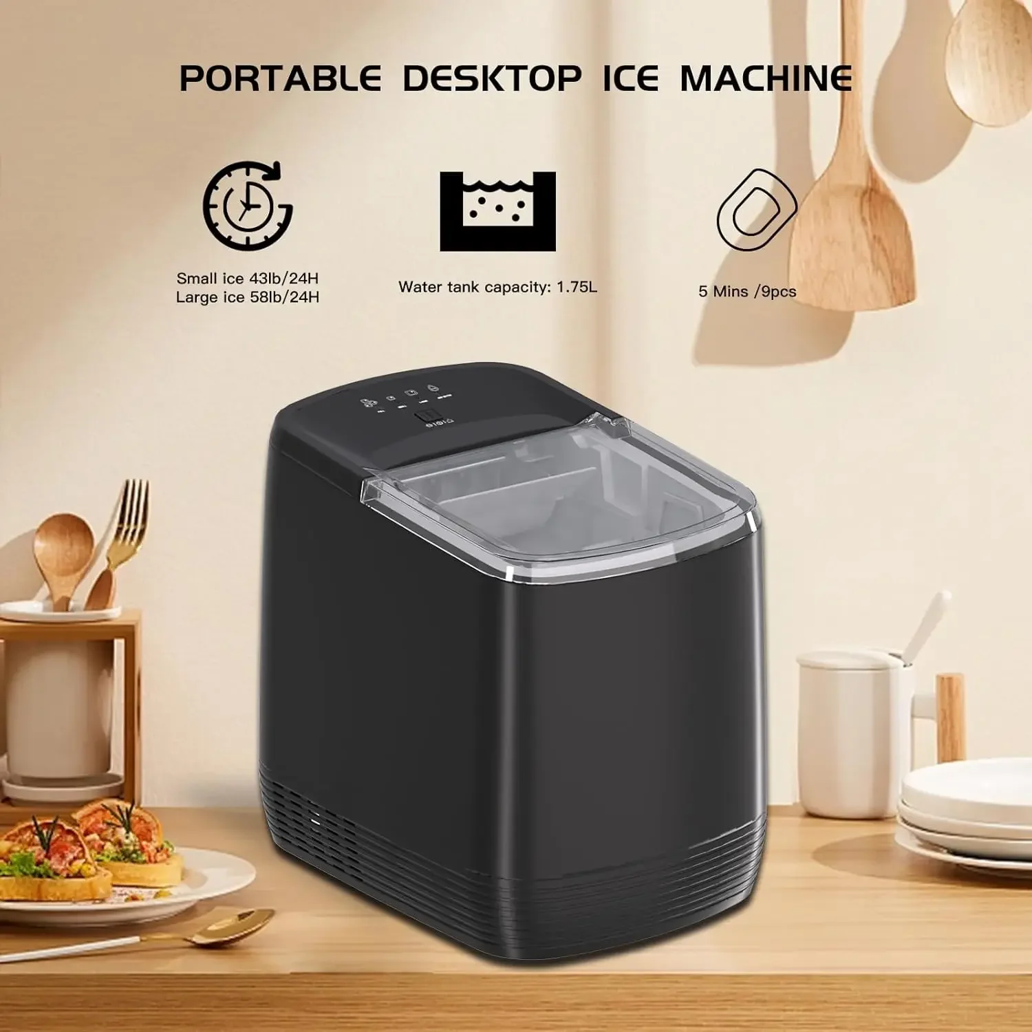 Dessus de seau de machine à glaçons avec auto-books, machine à glace compacte avec pelle à glace et panier, exécutif rapide en 3.5 minutes, parfait pour K