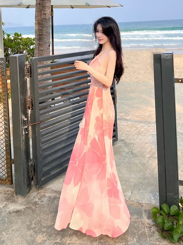 Summer New Floral Print ter Ne Long Dr Beach Vaion Fairy Sle Women's Dr A-Line Skirt Svel Gown