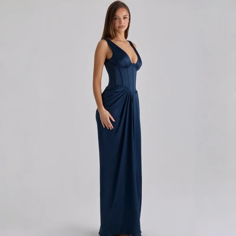 

Elegant Navy Blue Corset Evening Dress Deep V Neck Ruched Maxi Gown Slim Fit for Bridesmaid Wedding Guest Prom Gala Banquet