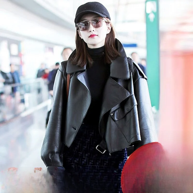 

Кожаная куртка-косуха Jiang ung 2025 для женщин, свободного кроя, в уличном стиле, с длинными рукавами, модная верхняя одежда