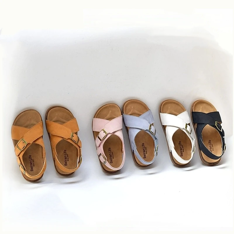 Summer High Quality Cowhide Children's Shoes Soft Wooden Midsole Genuine Leather Baby Girls Sandals Travel Beach Shoes