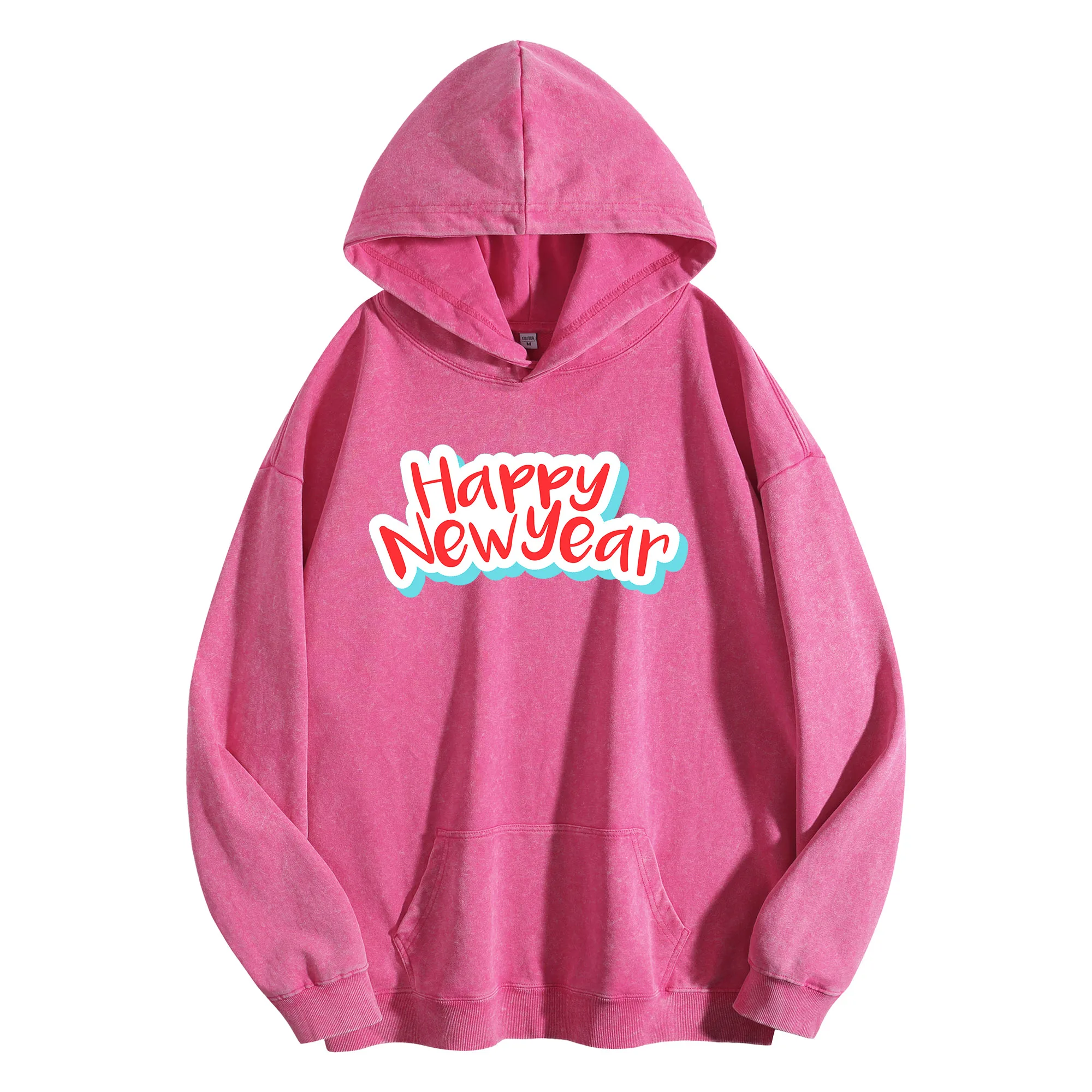 سنة جديدة سعيدة طباعة جرافيك 400G خمر غسلها هوديي للجنسين المتضخم الشارع الشهير البلوز مجموعة الخريف/الشتاء